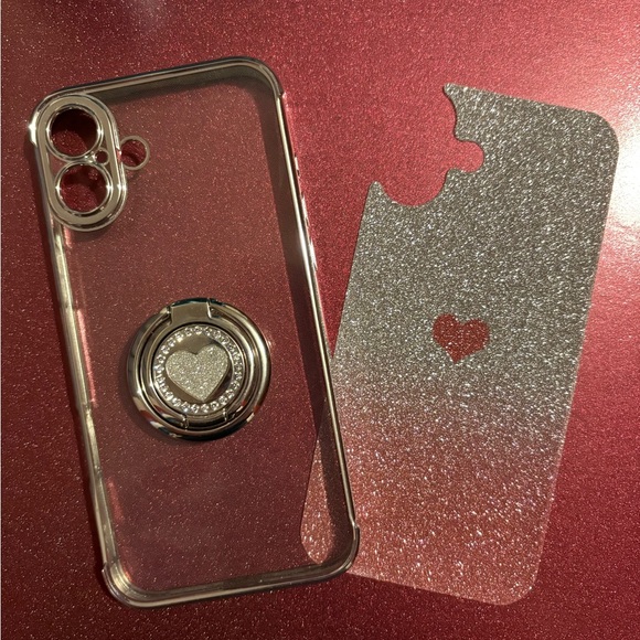 iPhone 16 Plus Clear Glitter Phone Case with Heart Ring Grip - Pink Glitter - Picture 2 of 3